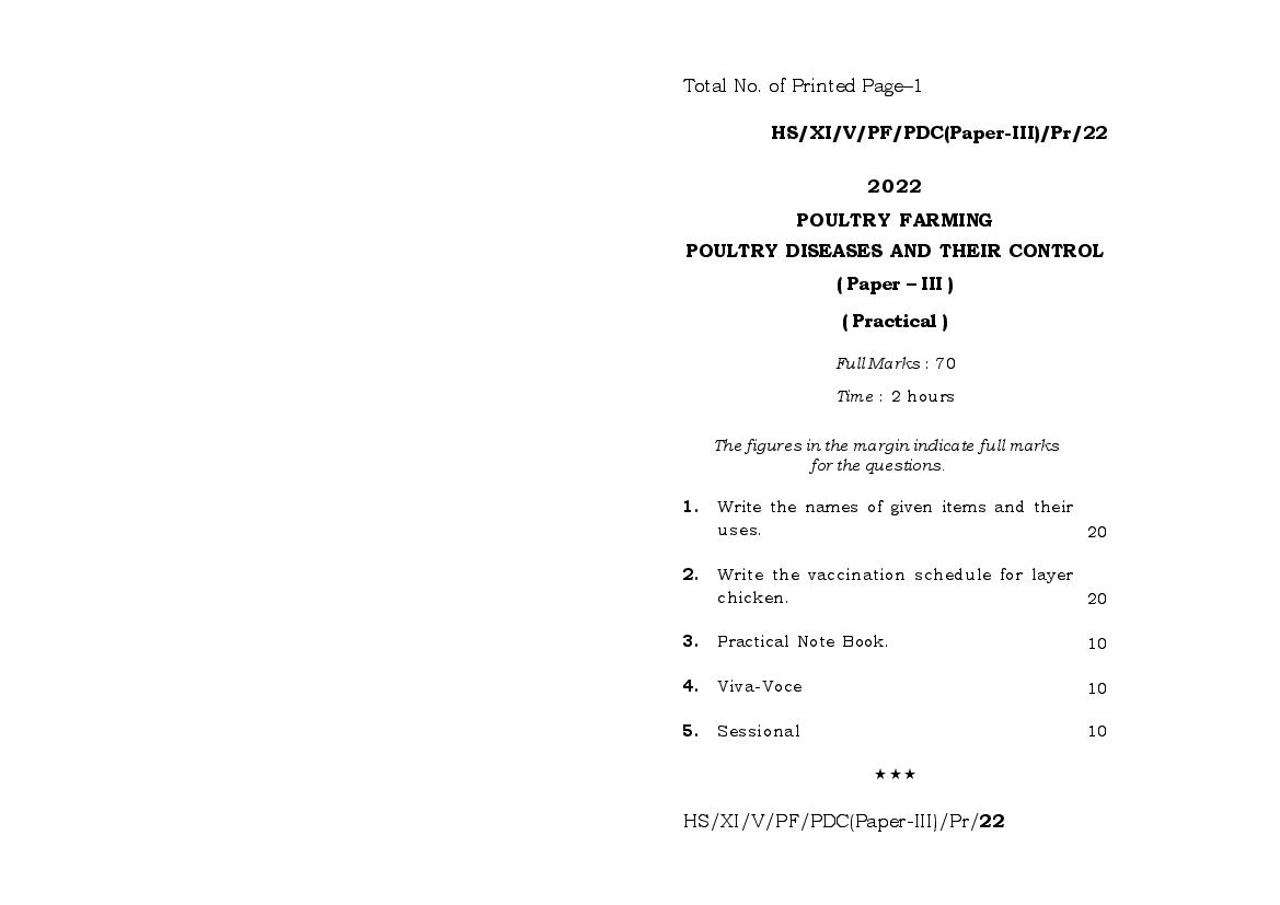 MBOSE Class 11 Question Paper 2022 for Poultry Diseases and Their Control (Practical) - Page 1
