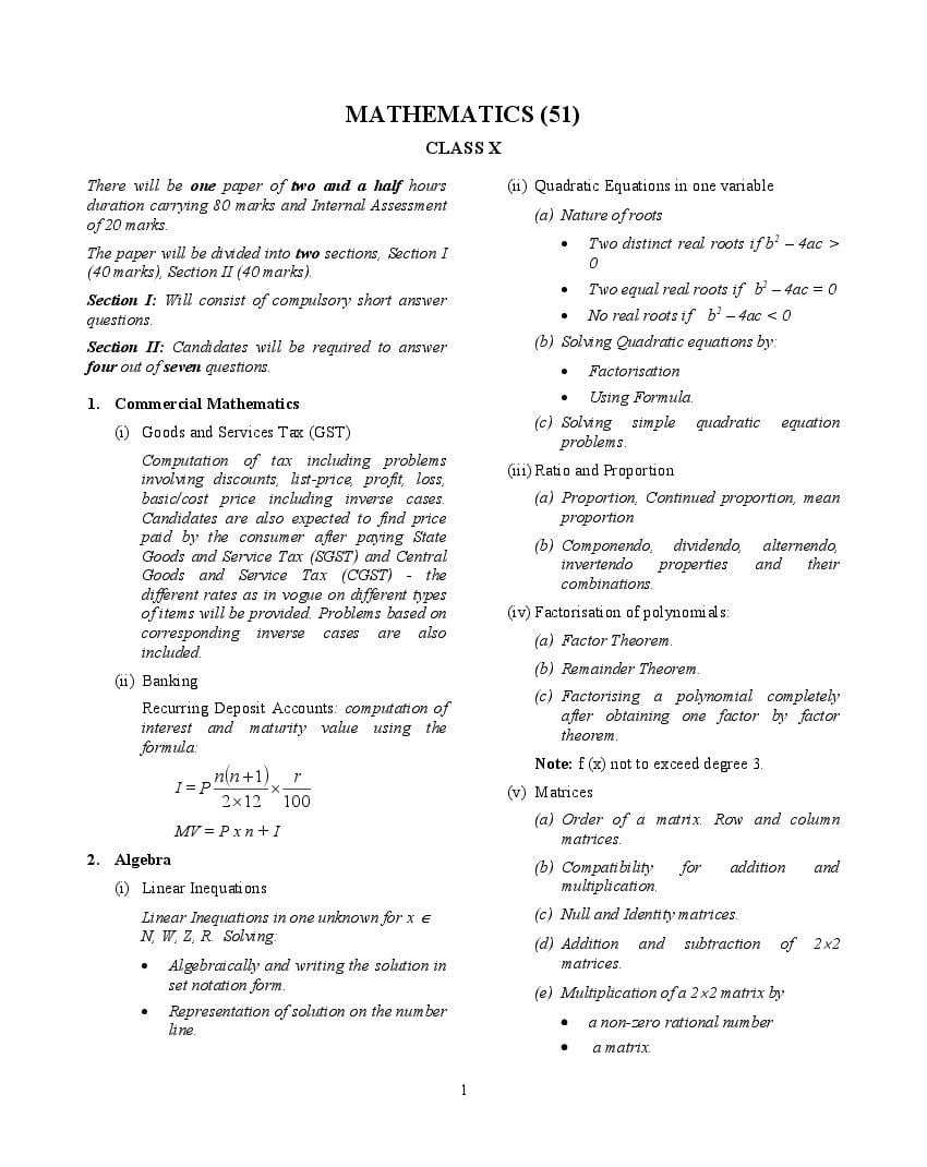 ICSE Class 10 Syllabus 2022 Mathematics - Page 1