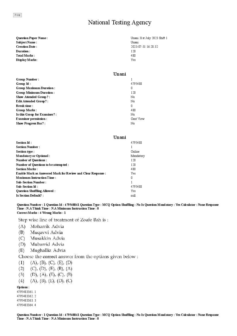 AIAPGET 2023 Question Paper Unani - Page 1