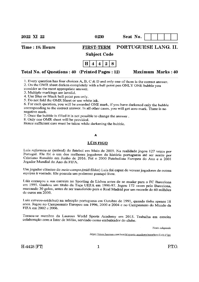 Goa Board Class 12 Question Paper 2022 Portuguese - Page 1
