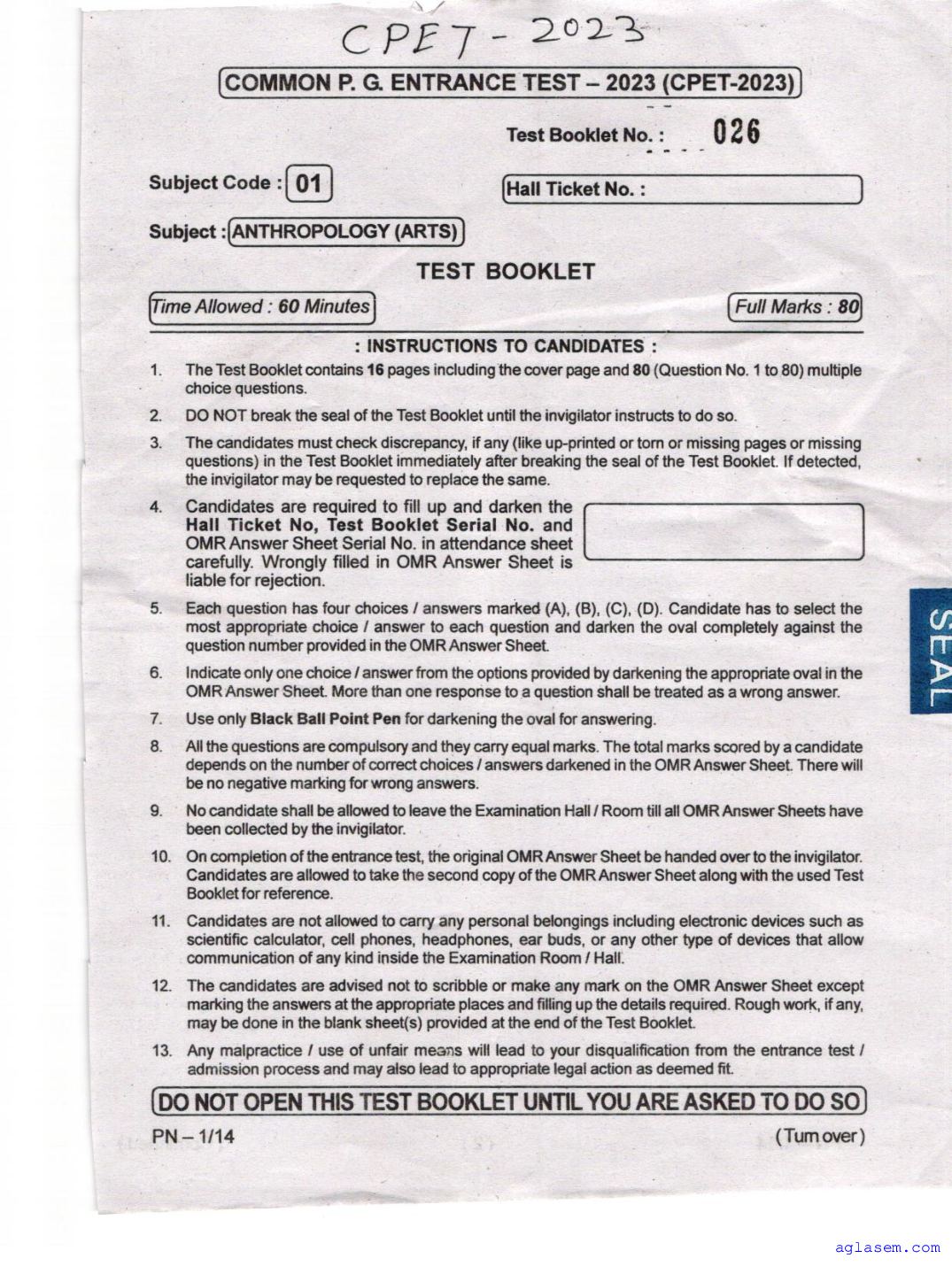 Odisha CPET 2023 Question Paper Anthropology Arts - Page 1 of 16