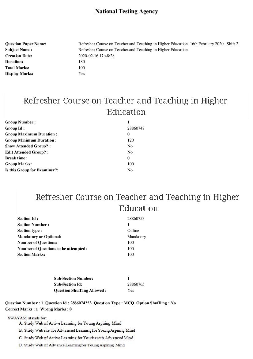 ARPIT 2020 Question Paper for Refresher Course on Teacher and Teaching in Higher Education Shift 2 - Page 1