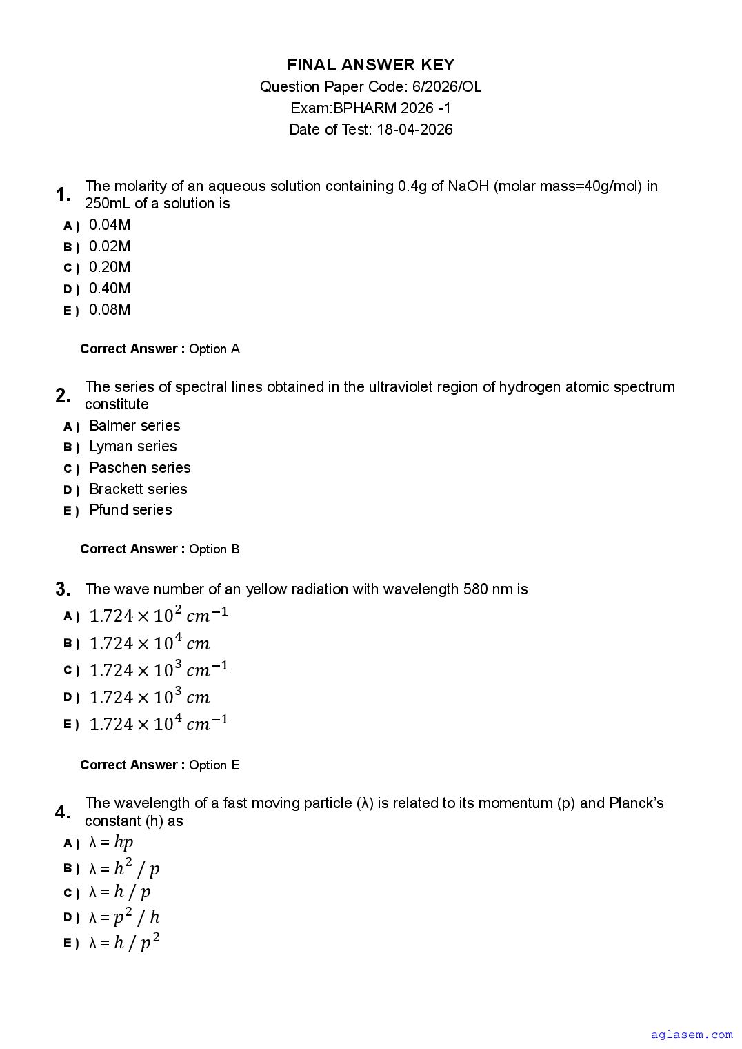 KEAM 2026 Question Paper B.Pharm with Answers - Page 1 of 17