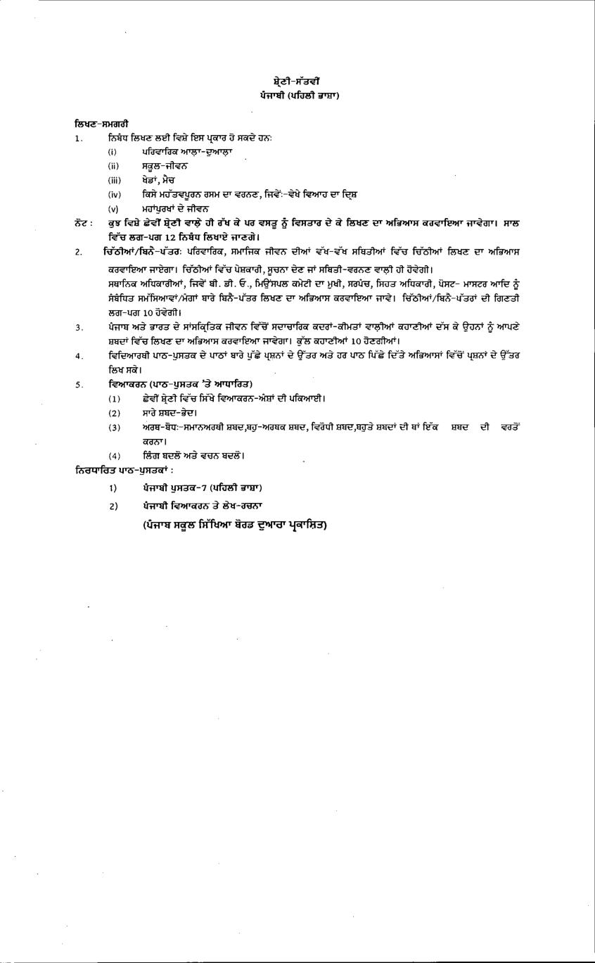 PSEB Syllabus 2021-22 for Class 7 Punjabi First Language - Page 1