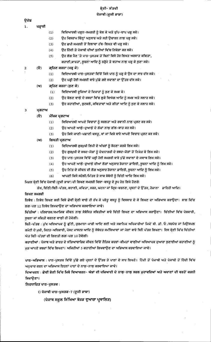PSEB Syllabus 2021-22 for Class 7 Punjabi Second Language - Page 1