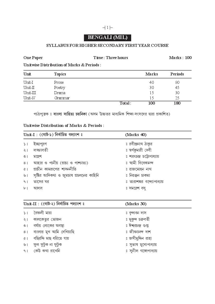 AHSEC 1st Year Syllabus Bengali MIL - Page 1
