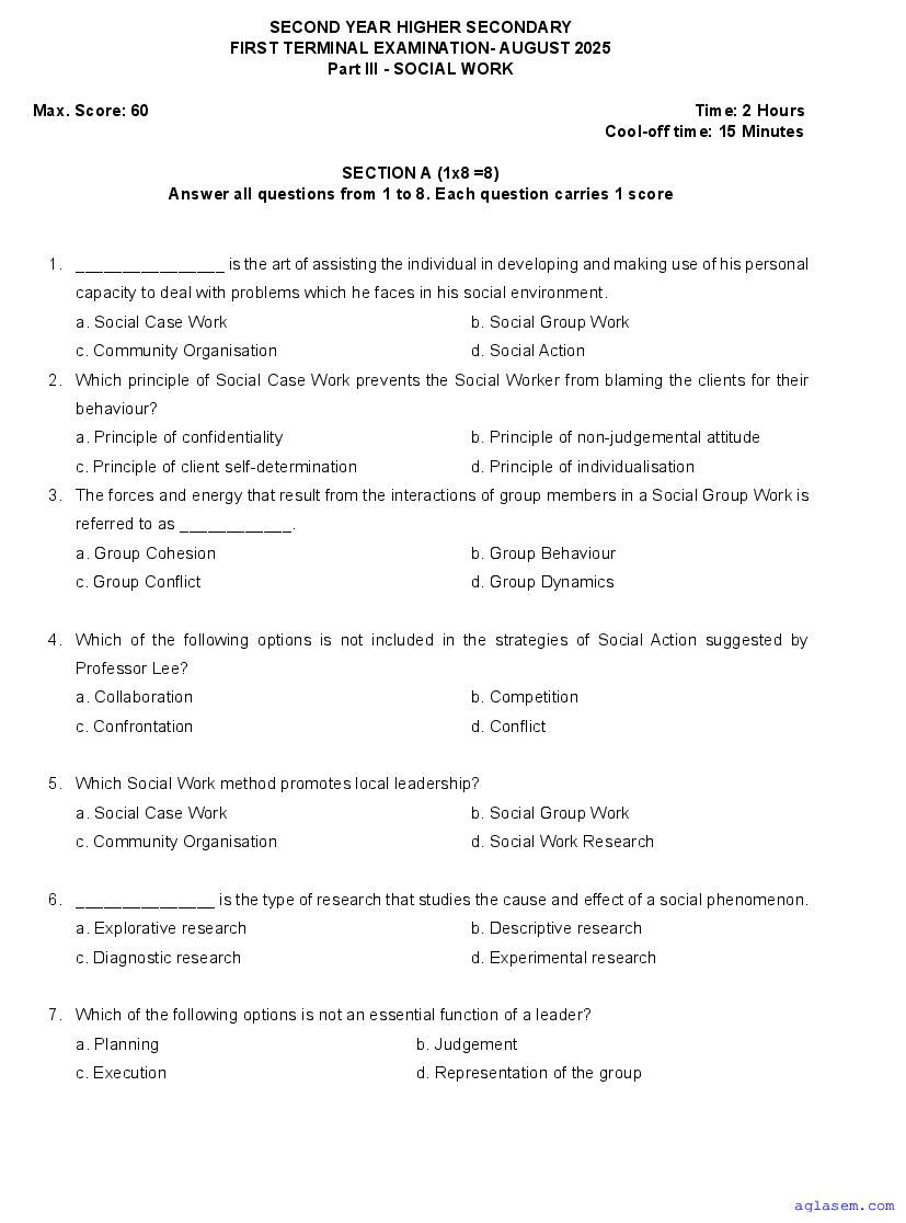 Kerala Class 11 First Term Question Paper 2025 Social Work - Page 1 of 5