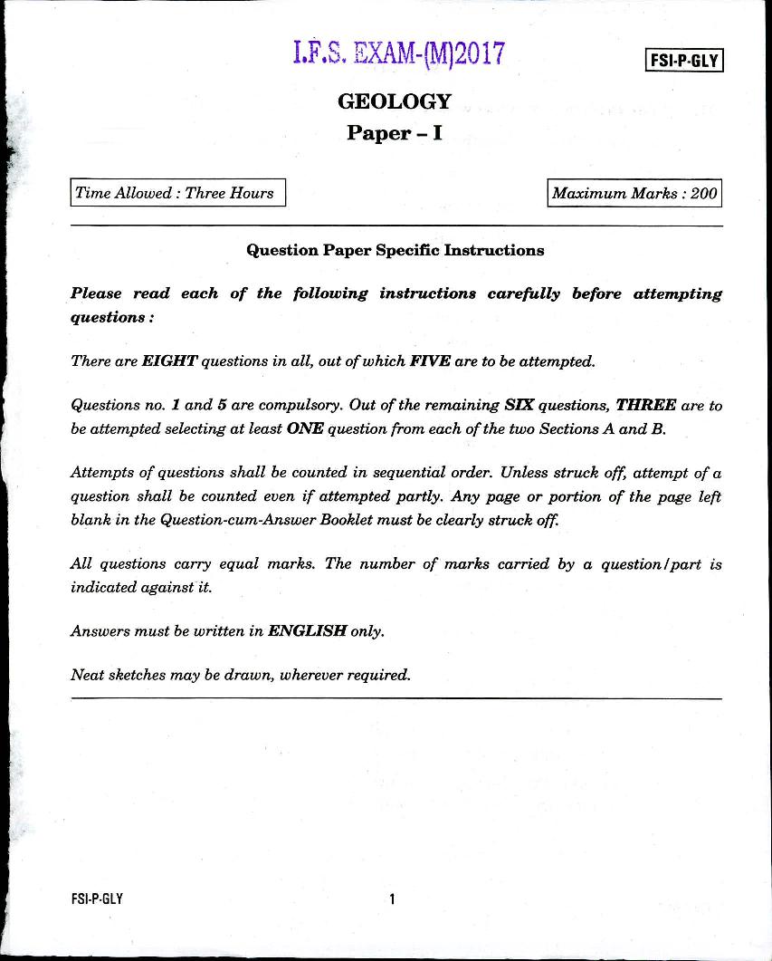 UPSC IFS 2017 Question Paper for Geology Paper-I - Page 1