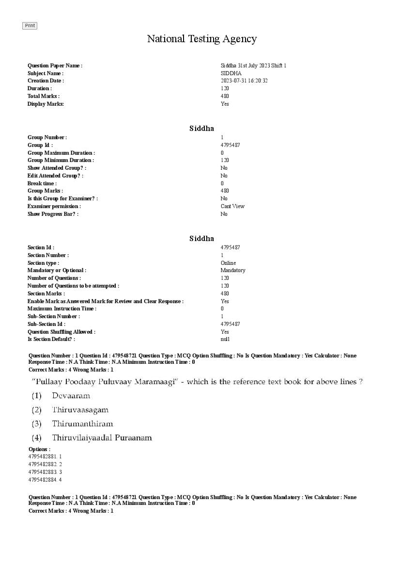 AIAPGET 2023 Question Paper Siddha - Page 1