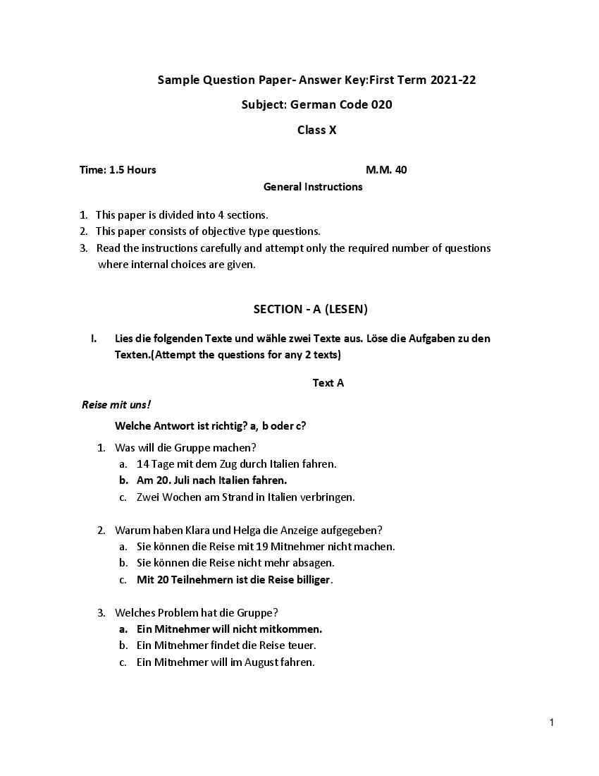 CBSE Class 10 Marking Scheme 2022 for German - Page 1