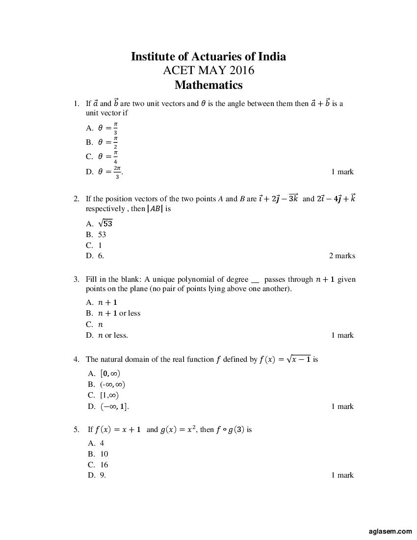 ACET 2016 Question Paper (May) - Page 1