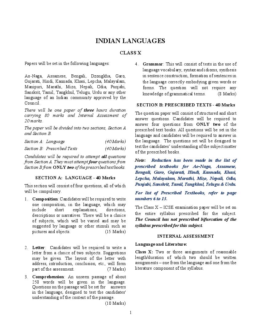 ICSE Class 10 Syllabus 2022 Indian Languages - Page 1