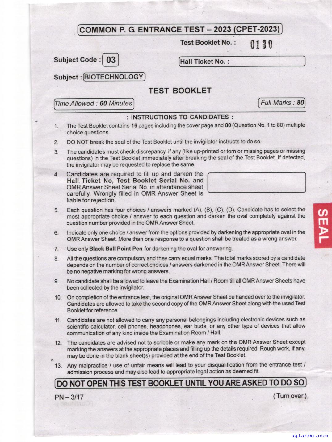 Odisha CPET 2023 Question Paper Biotechnology - Page 1 of 16