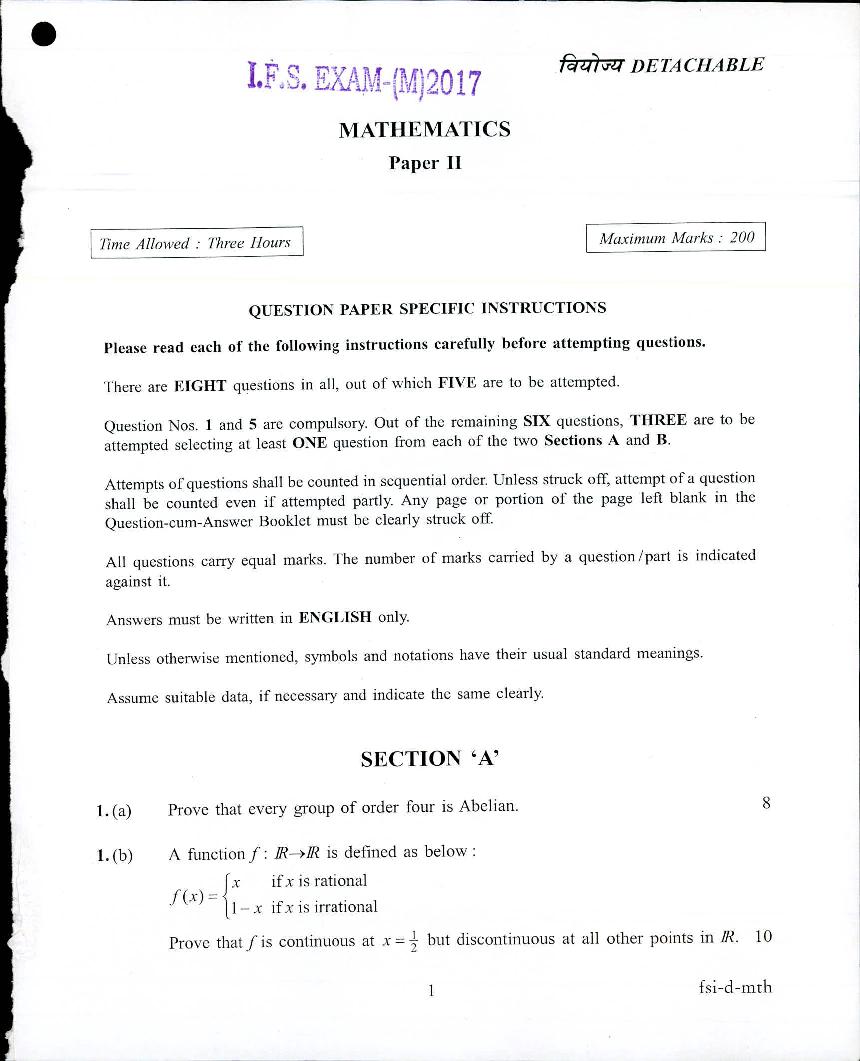 UPSC IFS 2017 Question Paper for Mathematics Paper-II - Page 1