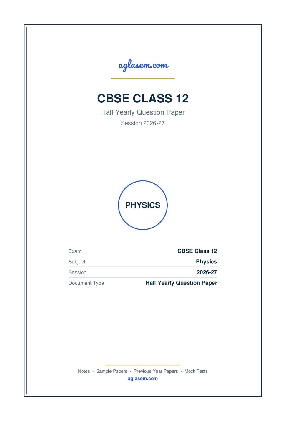Class 12 Half Yearly Question Paper 2026-27 Physics - Page 1 of 7