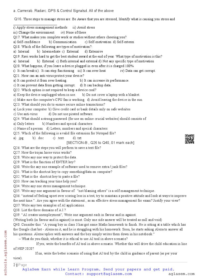 Class 10 PT 2 Question Paper Artificial Intelligence 2023-24 | Download ...