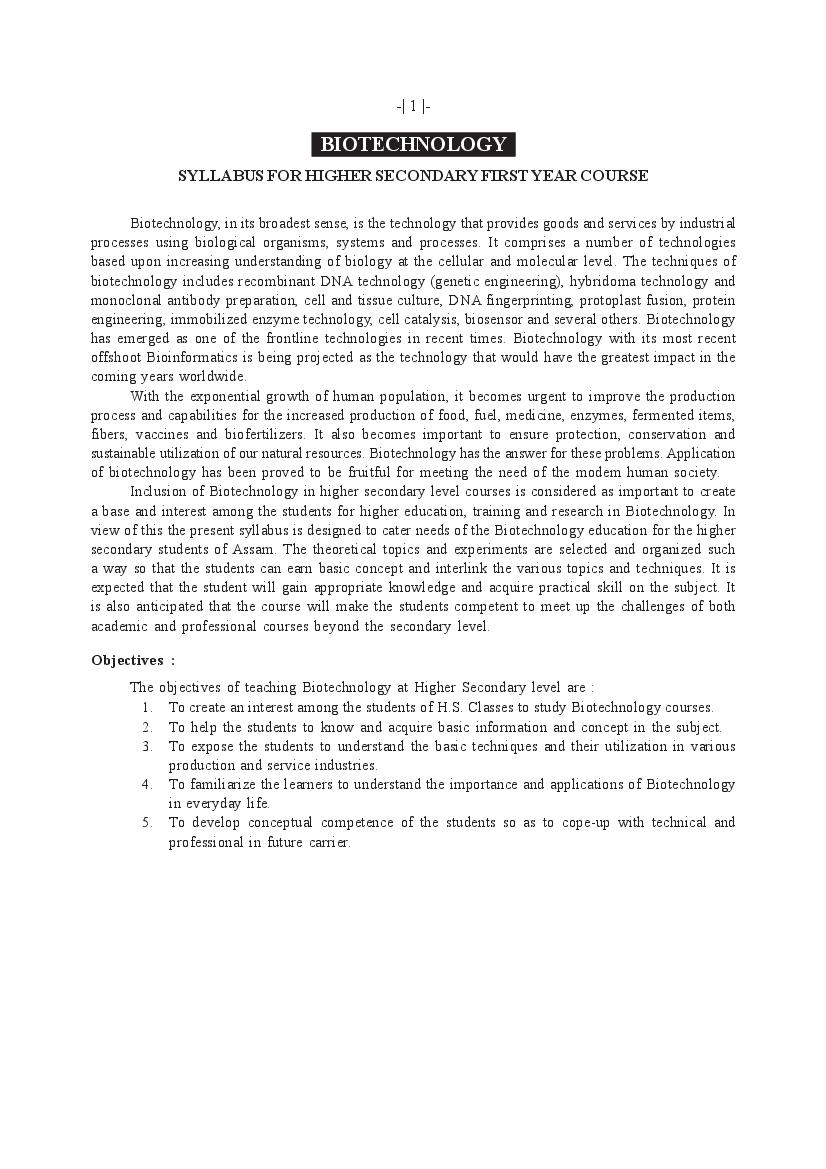 AHSEC 1st Year Syllabus Biotechnology - Page 1