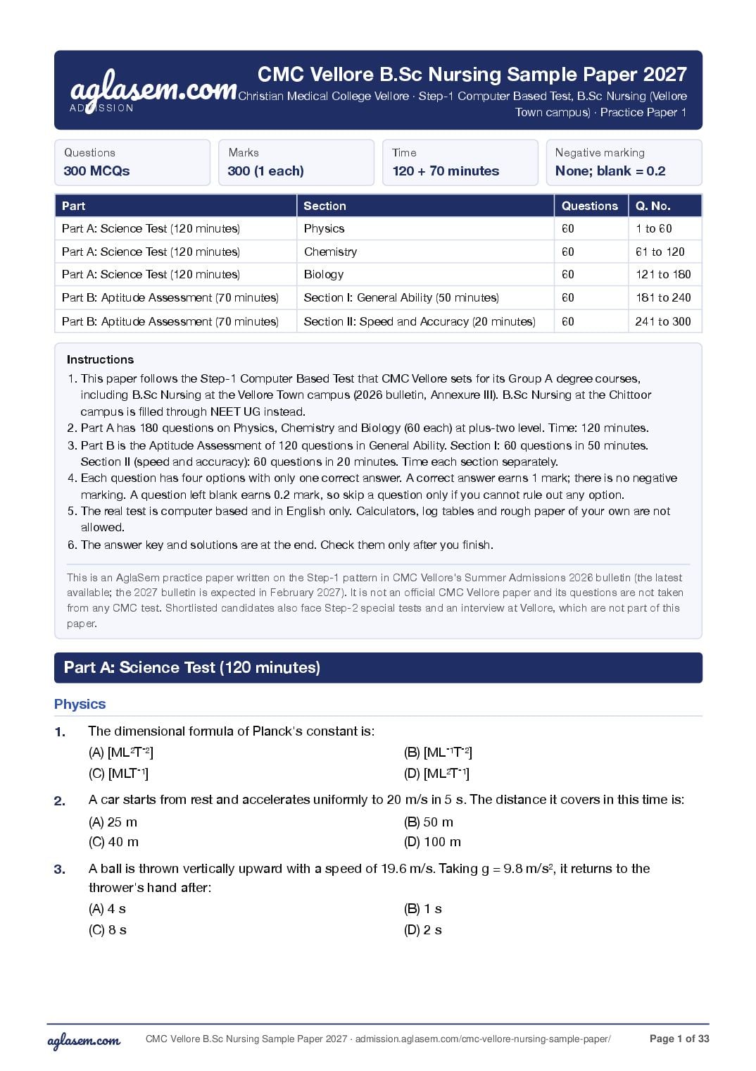 CMC Vellore Nursing 2027 Sample Paper B.Sc Nursing - Page 1 of 33