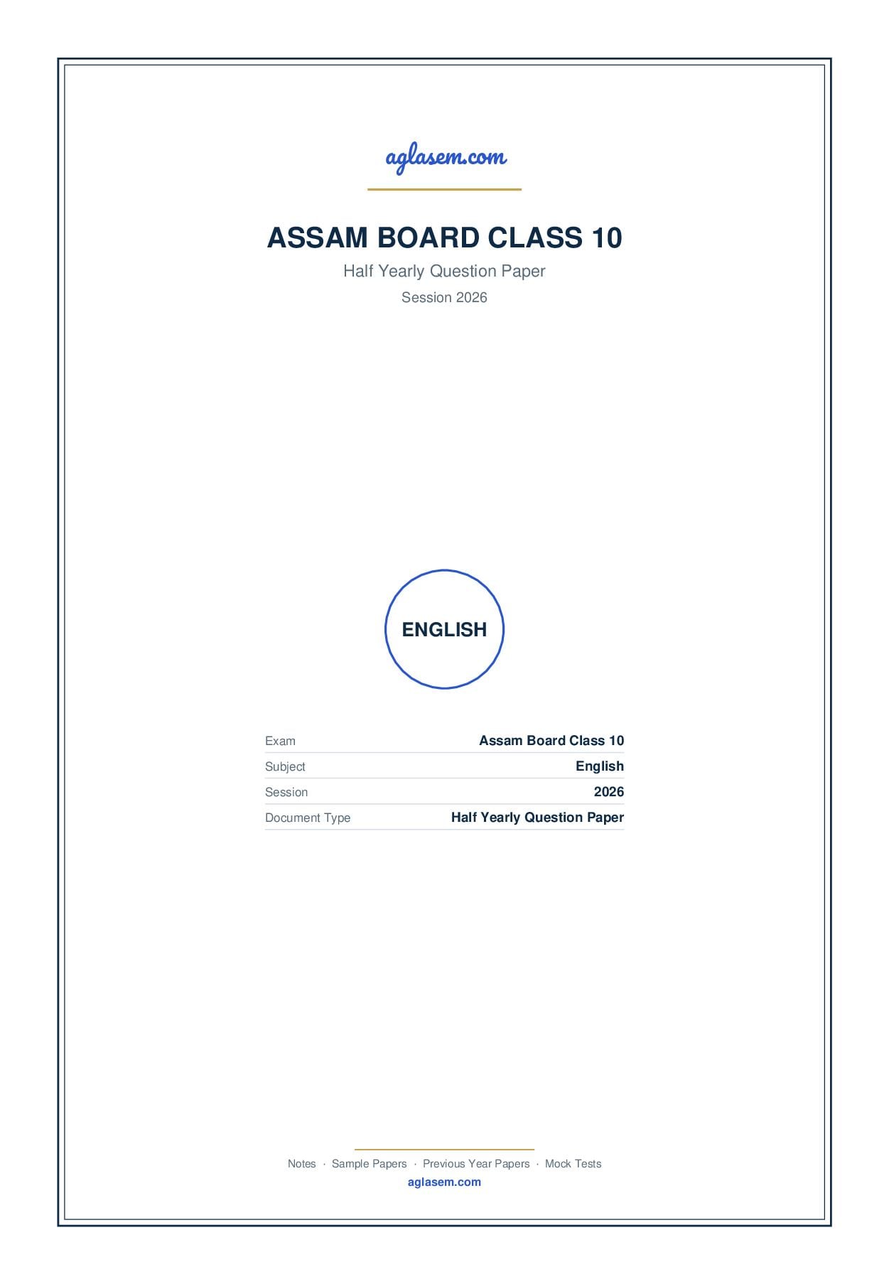 Assam Board Class 10 Half Yearly Question Paper 2026 English - Page 1 of 13