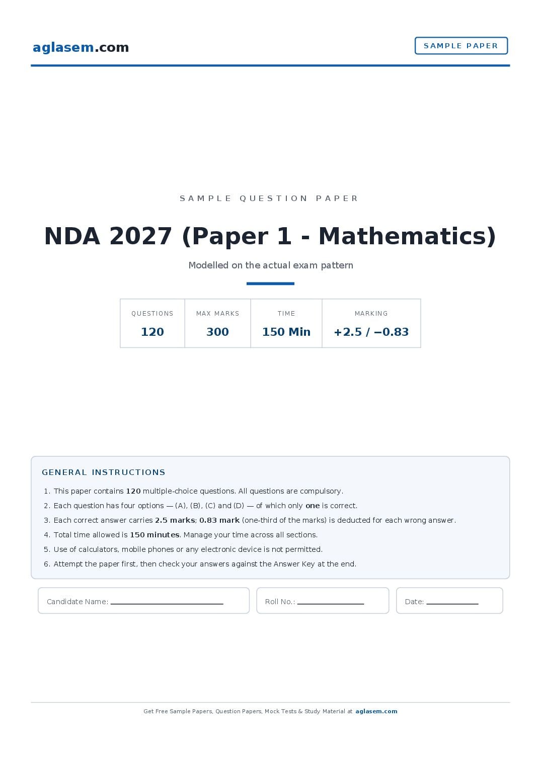 NDA 2027 Sample Paper (Paper 1 - Mathematics) - Page 1 of 15