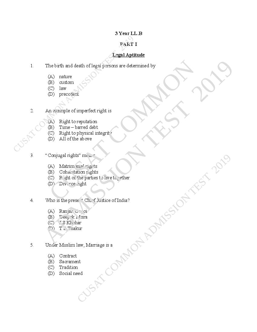 CUSAT CAT 2019 Question Paper 3 Year LLB - Page 1