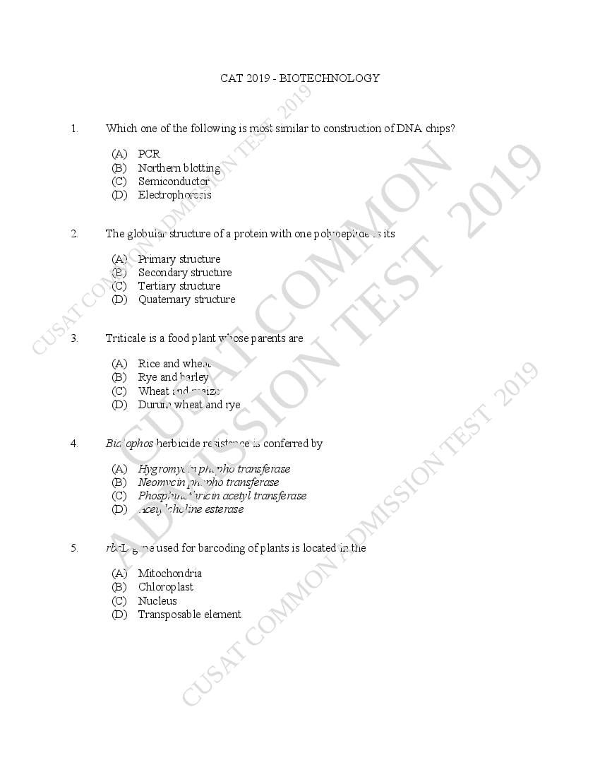 CUSAT CAT 2019 Question Paper Biotech - Page 1