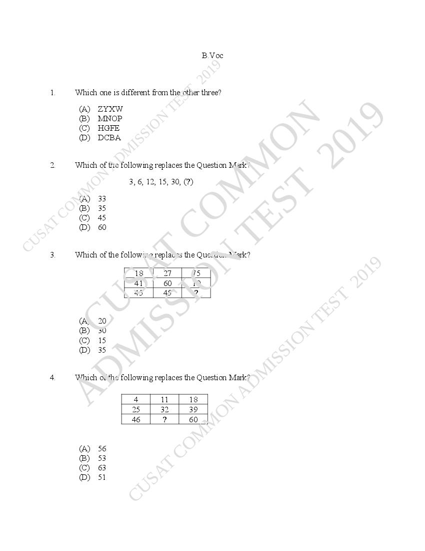 CUSAT CAT 2019 Question Paper B.Voc - Page 1