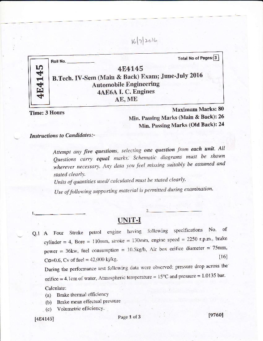 RTU 2016 Question Paper Semester IV Automobile Engineering I.C. Engines - Page 1