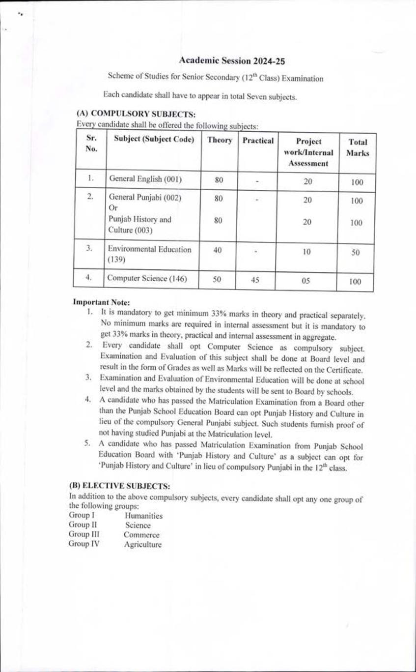 PSEB 12th Class Syllabus 2025 Scheme of Studies Classth Session - Page 1 of 6