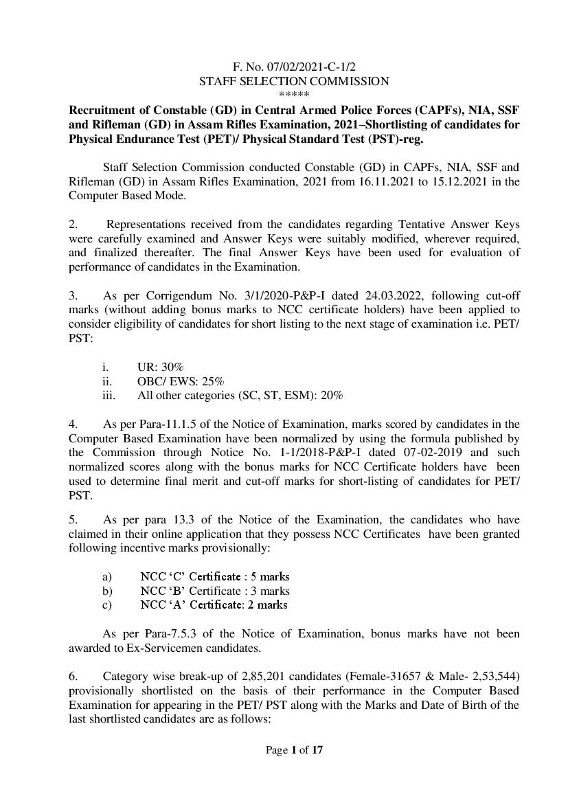 SSC GD 2021 Cut Off Paper 1 to appear in PET PST - Page 1