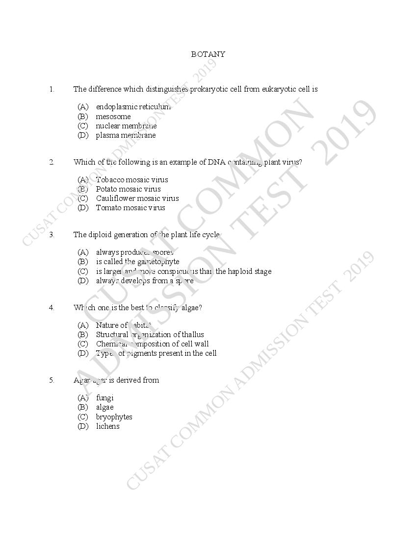 CUSAT CAT 2019 Question Paper Botony - Page 1