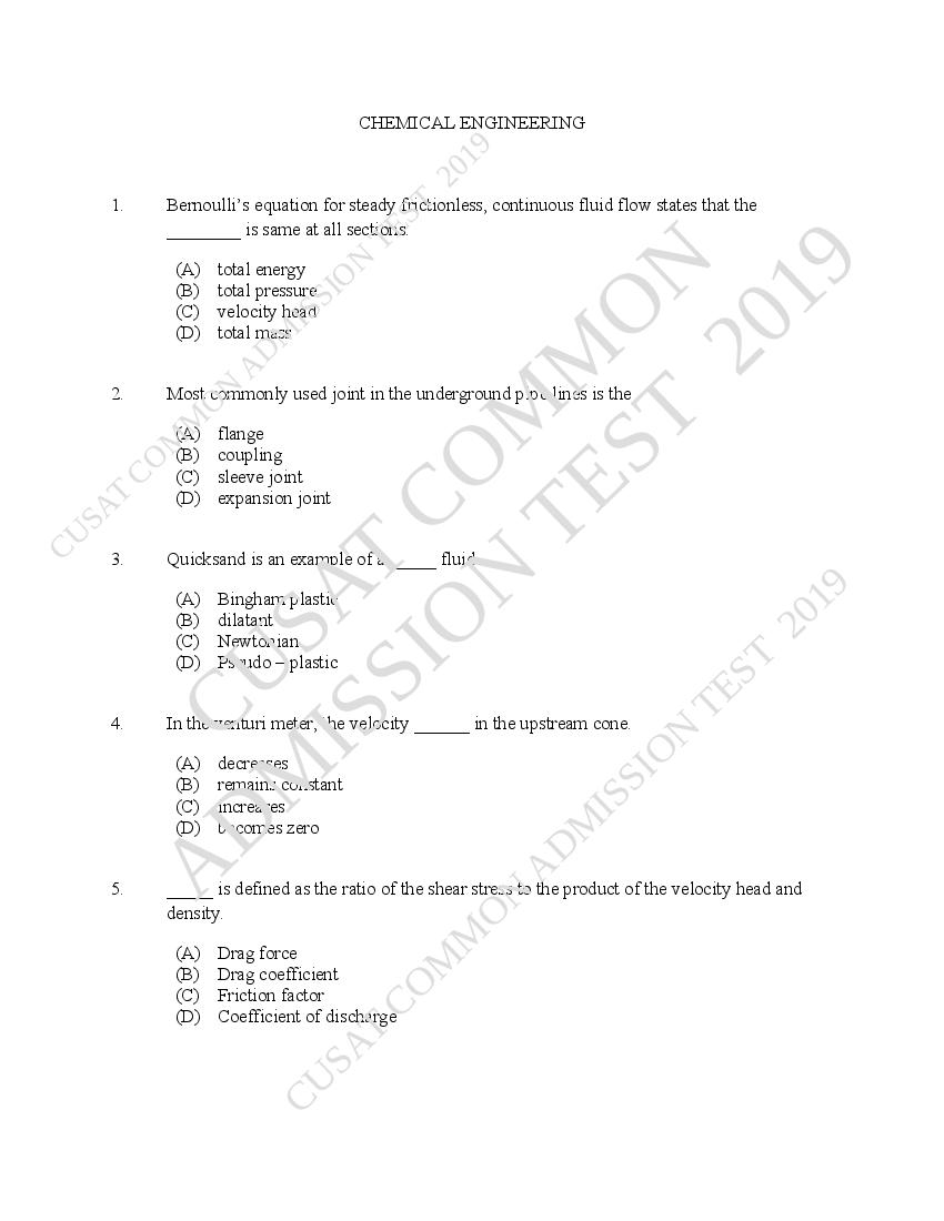 CUSAT CAT 2019 Question Paper Chemical - Page 1