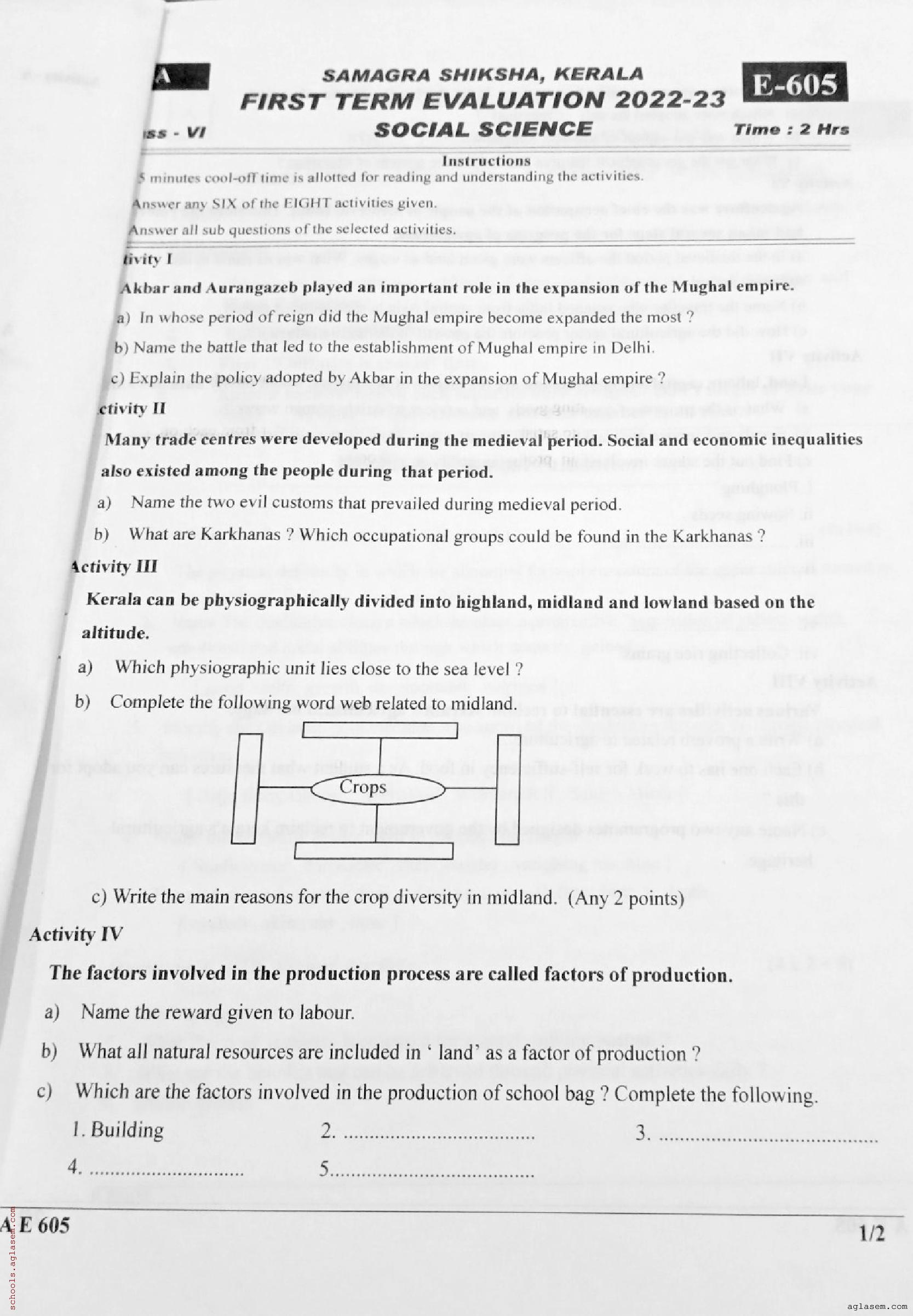 Class 6 Social Science Onam Exam Question Paper 2024 Kerala Std 6 