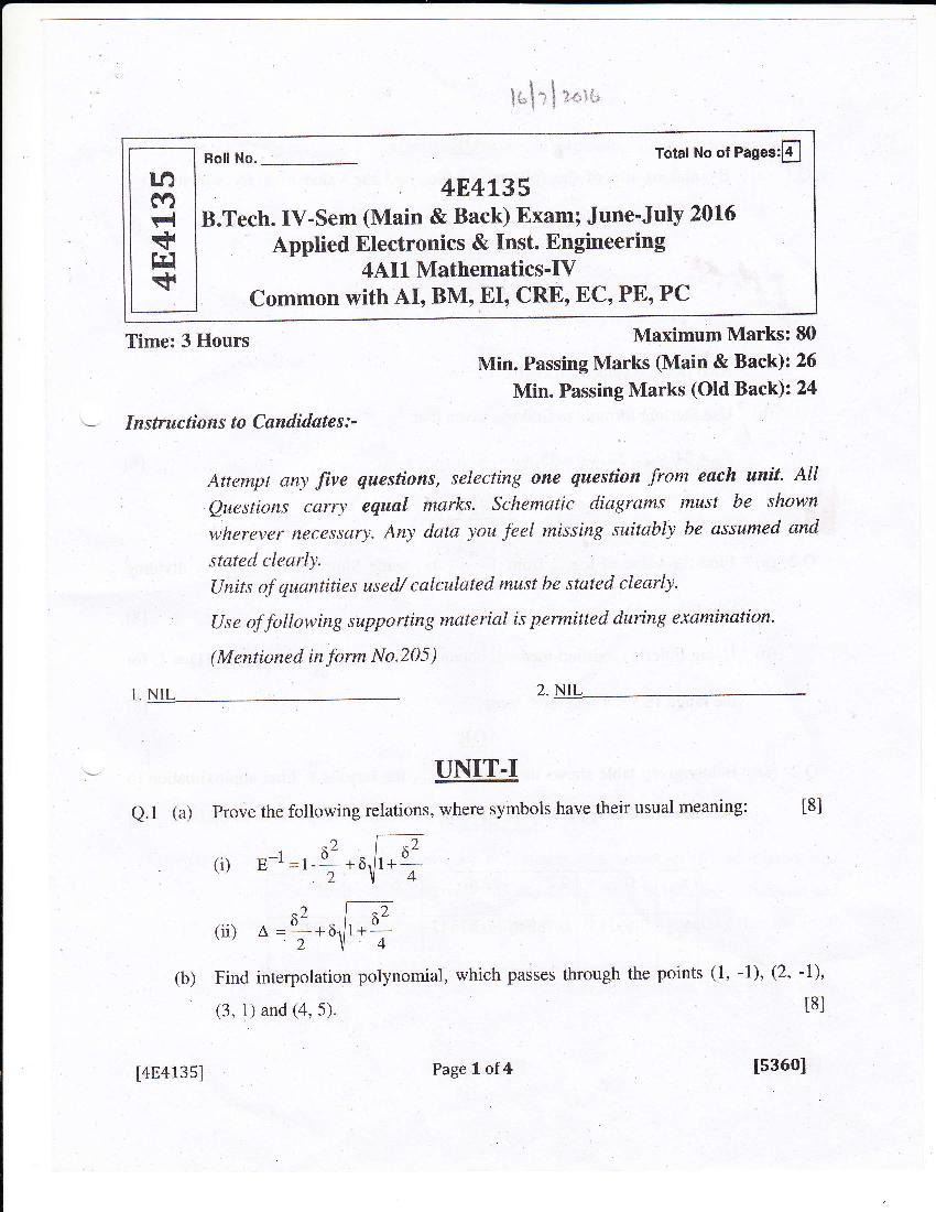 RTU 2016 Question Paper Semester IV Applied Electronics and ...