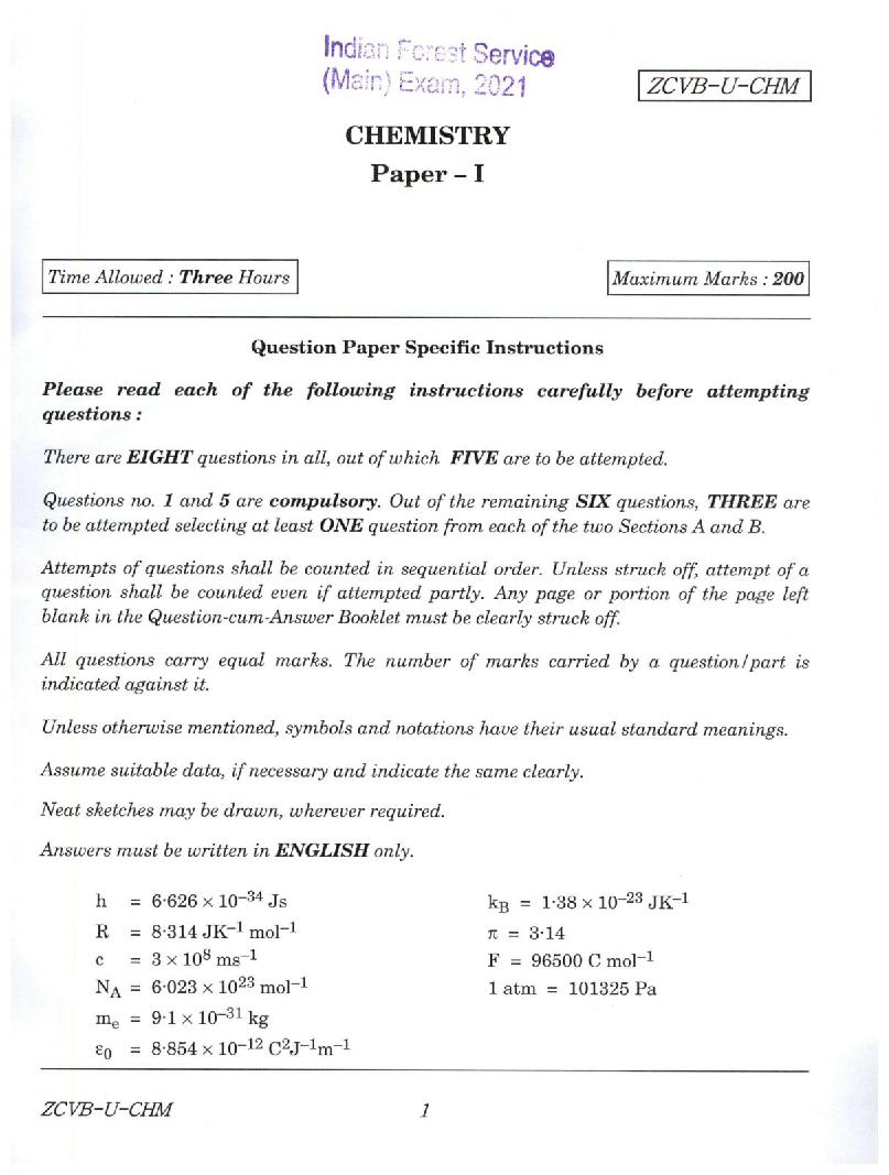 UPSC IFS 2021 Question Paper for Chemistry Paper I  - Page 1