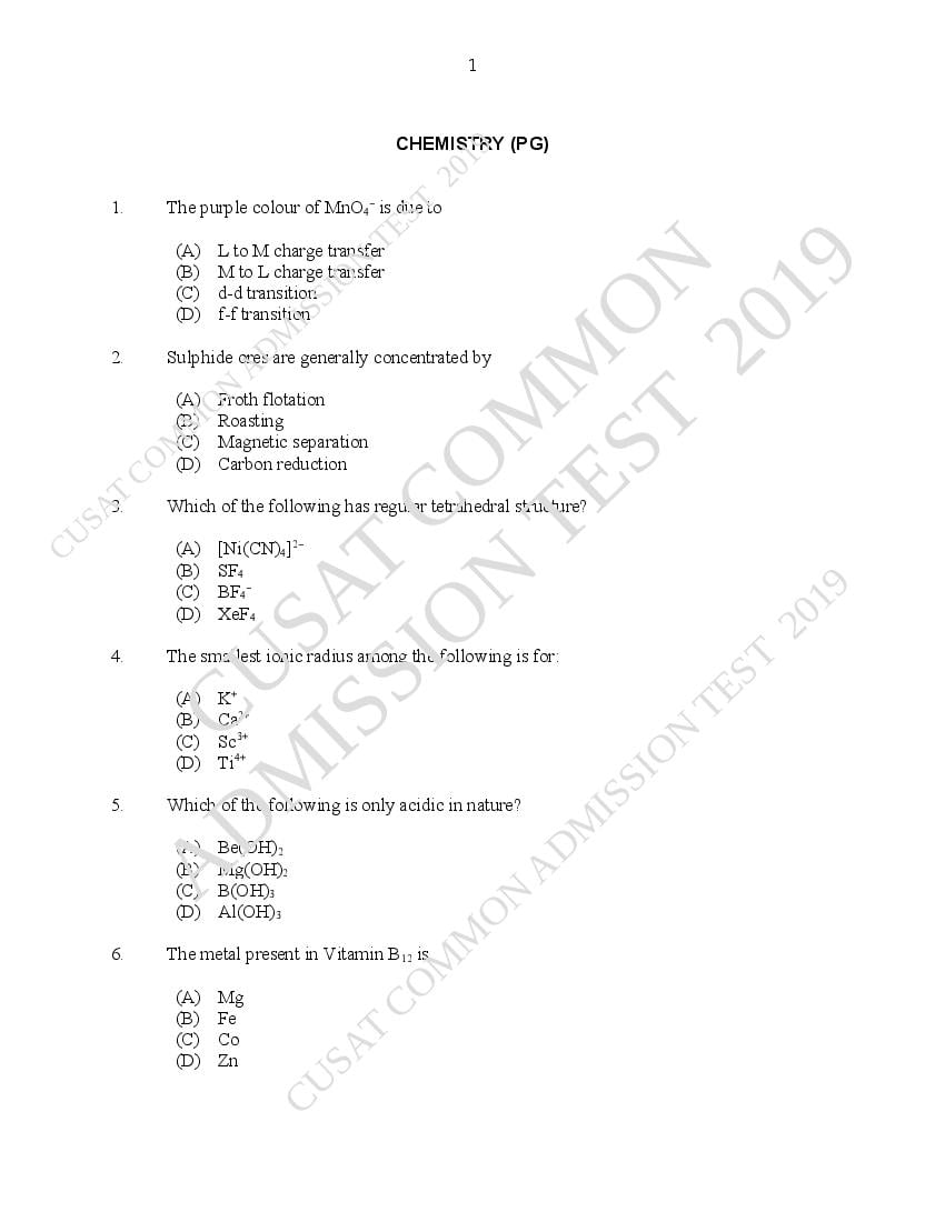 CUSAT CAT 2019 Question Paper Chemistry - Page 1