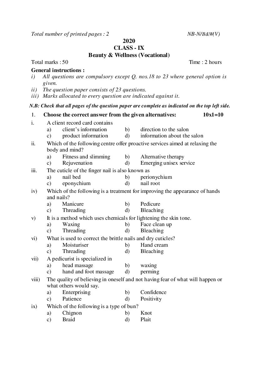 NBSE Class 9 Question Paper 2020 Beauty and Wellness - Page 1