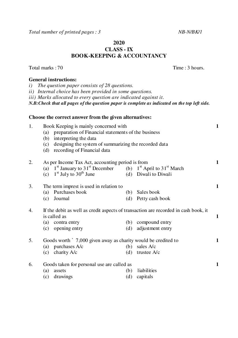 NBSE Class 9 Question Paper 2020 Book Keeping and Accountancy - Page 1