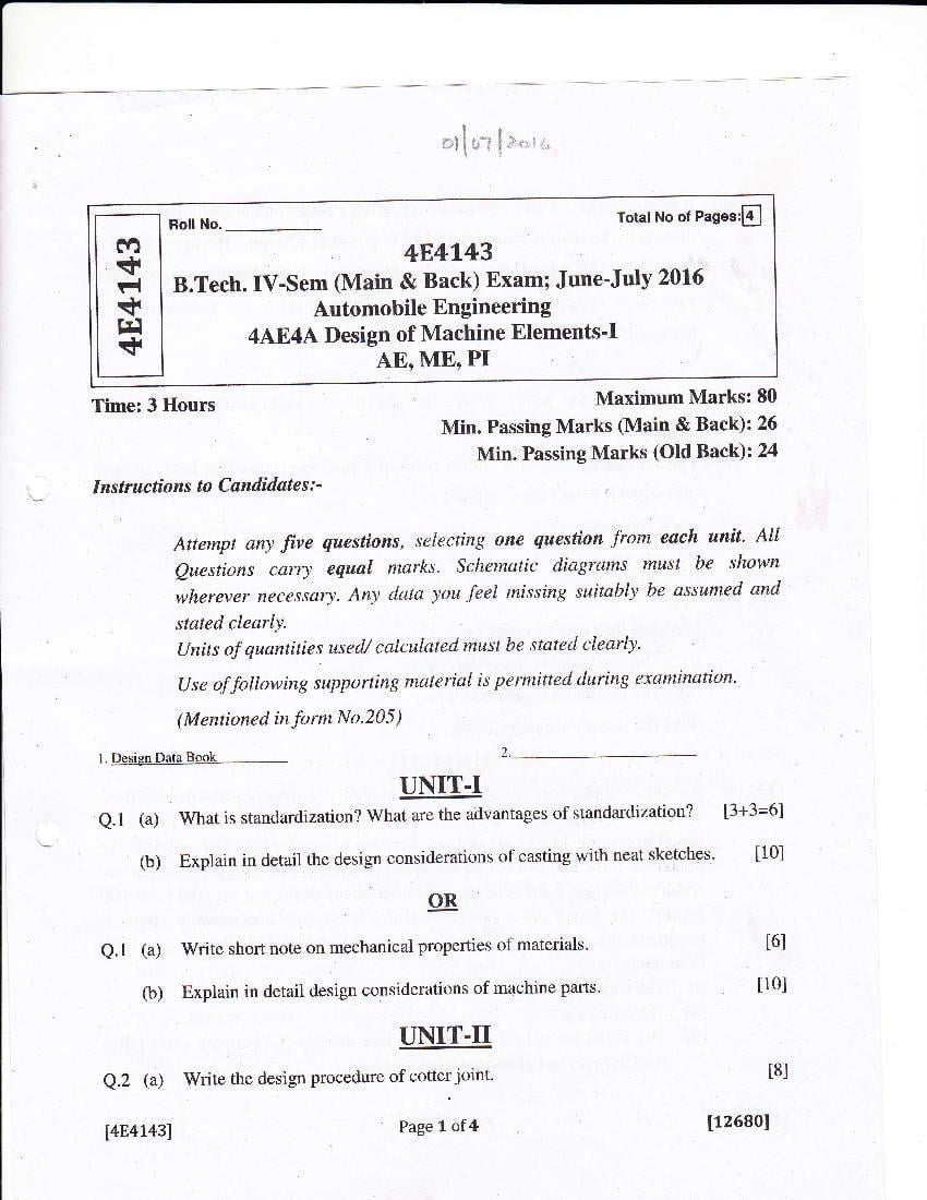 RTU 2016 Question Paper Semester IV Automobile Engineering Design of Machine Elements I - Page 1