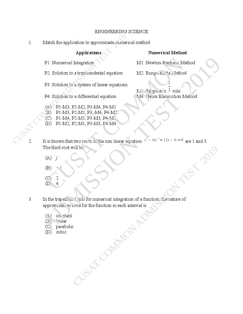 CUSAT CAT 2019 Question Paper Engineering Science - Page 1