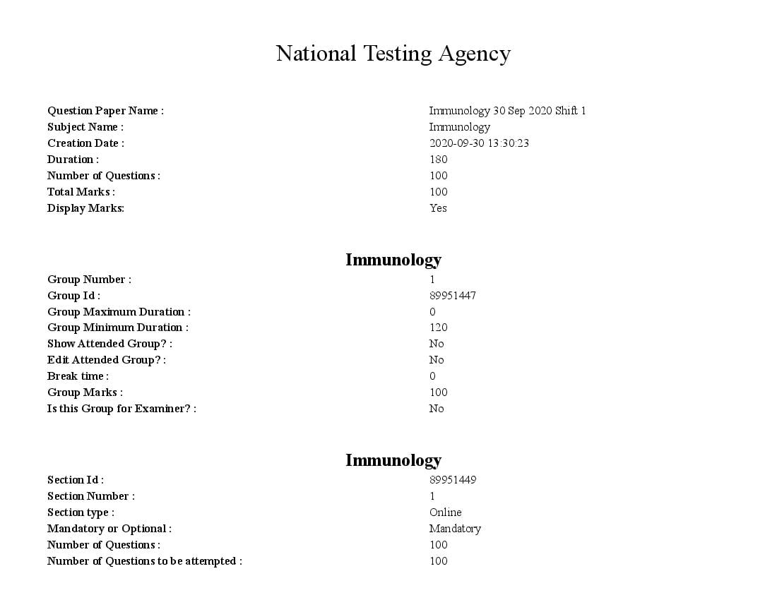 SWAYAM 2020 Question Paper Immunology - Page 1