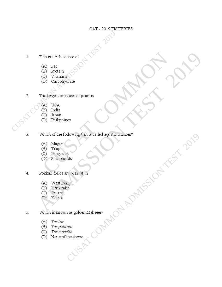 CUSAT CAT 2019 Question Paper Fisheries - Page 1