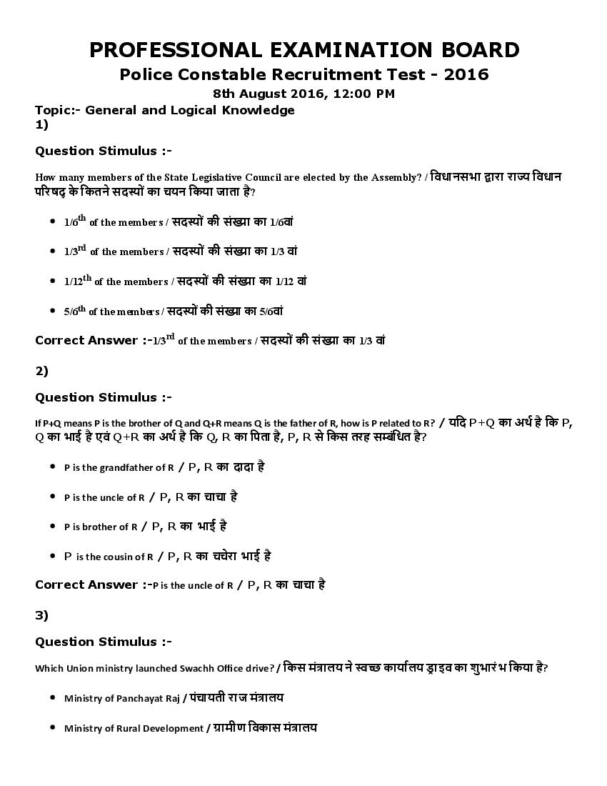 MP Police Constable 2016 Question Paper 08 Aug Shift 2 - Page 1