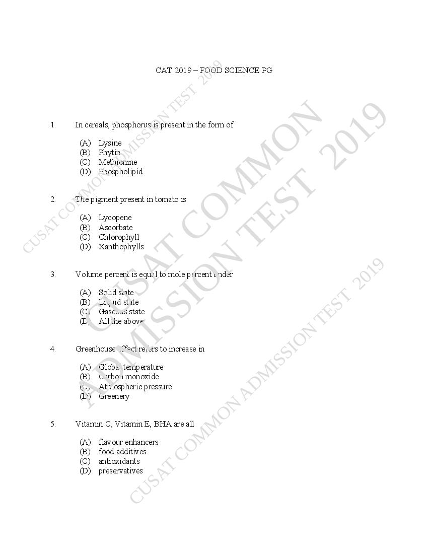 CUSAT CAT 2019 Question Paper Food Science - Page 1