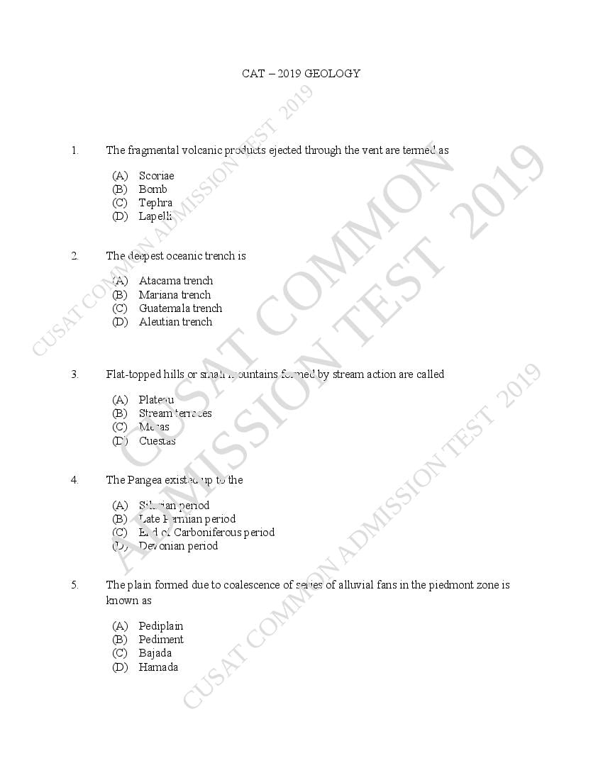 CUSAT CAT 2019 Question Paper Geology - Page 1