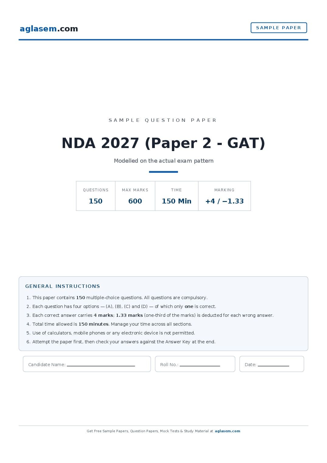 NDA 2027 Sample Paper (Paper 2 - GAT) - Page 1 of 21