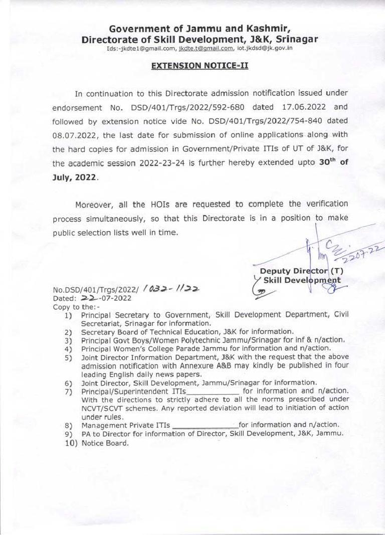 Jammu and Kashmir ITI Admission 2022 Application Form Last Date