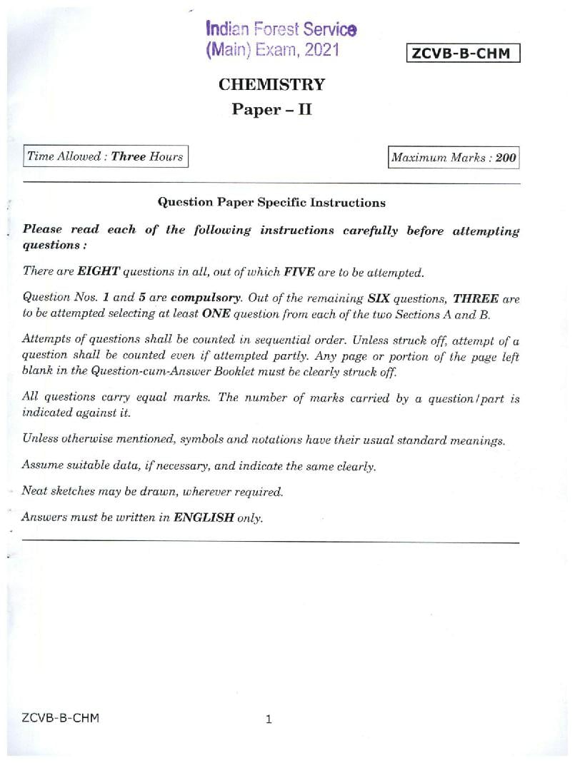 UPSC IFS 2021 Question Paper for Chemistry Paper II  - Page 1