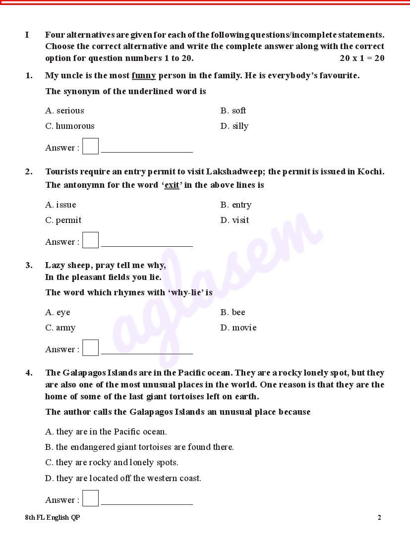 8th english essay 1 question paper