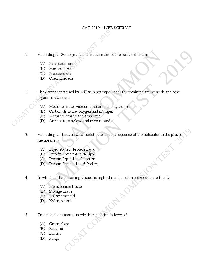 CUSAT CAT 2019 Question Paper Life Scince - Page 1